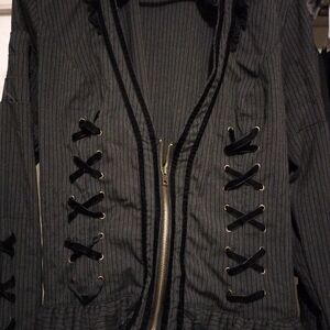 Black Pinstripe Jacket with Lace-Up Detail